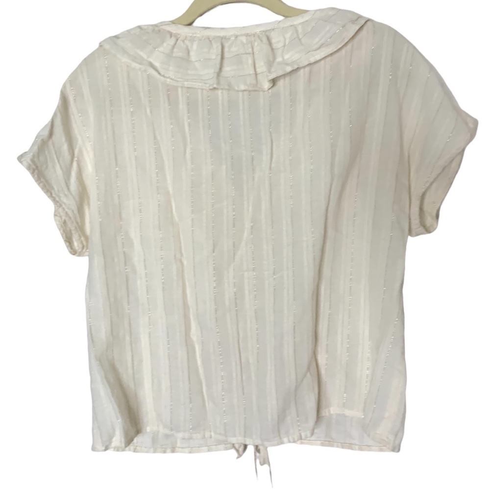 Zara Cream & Metallic Gold Thread Small Ruffle Lace Up Front Top - Picture 3 of 4